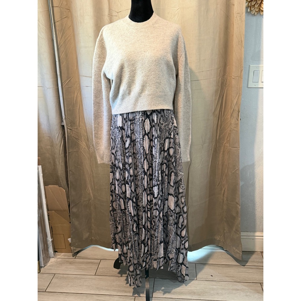 AllSaints Donatella Dress Flow Ecru White Snakeskin Pleated 2-in-1 Maxi Large